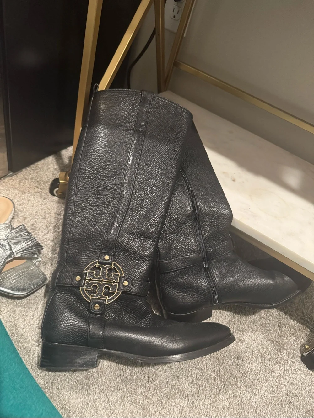 Tory Burch Black Leather Over-the-Knee Logo Strap Boots